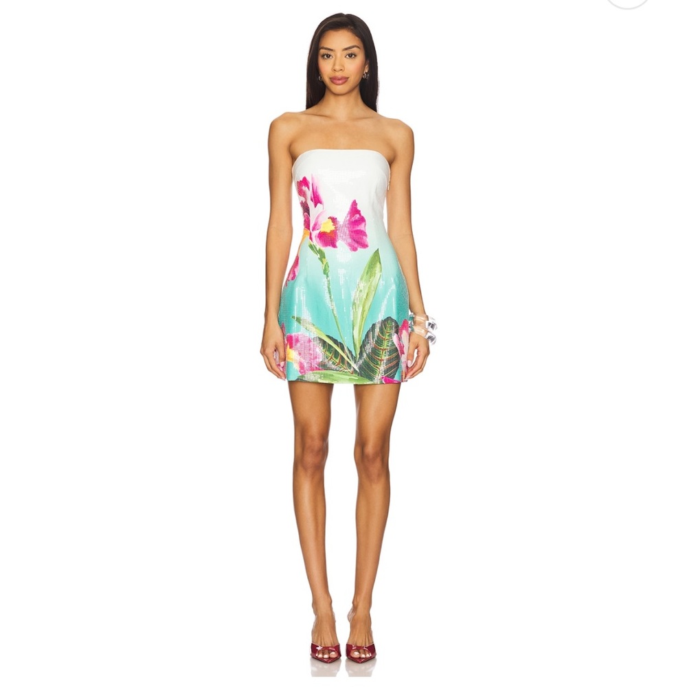 Strapless Floral Mini Dress in White and Aqua